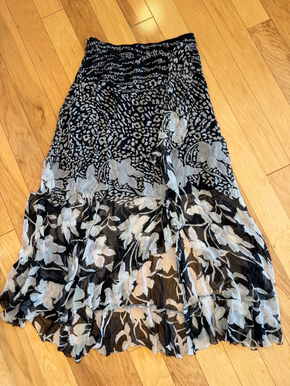 ALLSAINTS Mena Tempo Mixed Floral Leopard Print High Low Ruffle Skirt US 6 UK 10